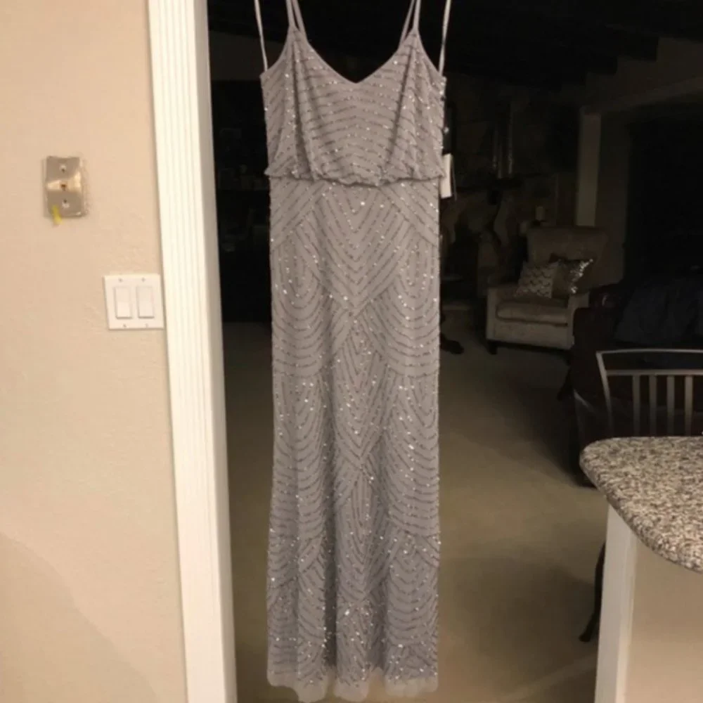 NEW Adrianna Papell Art Deco Beaded Blouson Gown in‎ Silver/Grey [SZ 6 ]